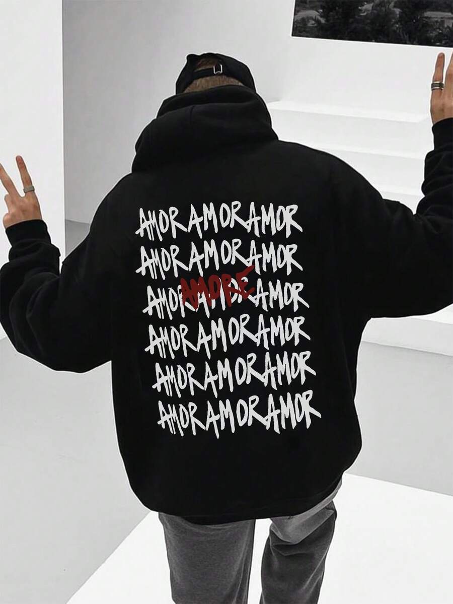 Krometka 男士标语印花抓绒连帽衫，秋冬季街头风 - 黑色 - 查看 1