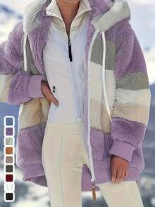 2026 Early Spring Curated Collection Plus Size - Women'S Plus Size Colorful Patchwork Hooded Jacket - Cozy Fleece-Lined Winter Coat With Drawstring, Casual Style, White & Blue, Beige & Blue, Cream & Blue, White & Cream, Winter Outerwear | Casual Style Jacket | Fleece Lined Jacket Colorblock Hooded Oversized Jacket For Women, Autumn/Winter New Hoodie Jacket, Loose Fluffy Colorblock Hooded Coat For Women, Fall Winter Sweet-Edgy Retro Faux Fur Style,Color-Block Casual Warm Outerwear,Relaxed Outdoor  Color-Block Faux Fur Texture,Hooded Drawstring Detail,Zipper Closure,Multiple Color Options Athleisure Inner Layer Layering,Casual Bottom Pairing,Warm-Cool Color Mix-And-Matchoutfit - 紫色 - 查看 1