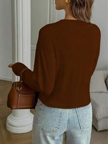 FOR BEAUTY Solid Color Minimalist Large Button Decor Round Neck Long Sleeve Knit Sweater Top For Women, Fashionable Elegant Casual Simple Versatile, Korean Street Style Daily Commute Pullover, Spring Apparel - Coffee - View 5