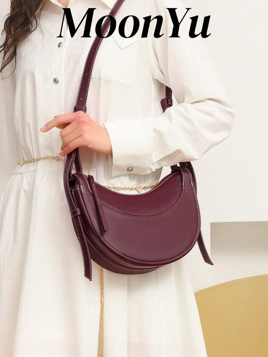Crescent Shape Saddle Bag For Women, Crossbody Shoulder Bag, Leather Textured Phone Pouch - Burgundy - View 1