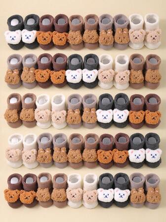 5 双新生儿/婴儿可爱熊主题幼儿纯色厚保暖翻盖袜子，柔软毛绒透气，适合婴儿，适合秋冬季，休闲保暖袜，适合日常穿着、礼物、圣诞礼物
