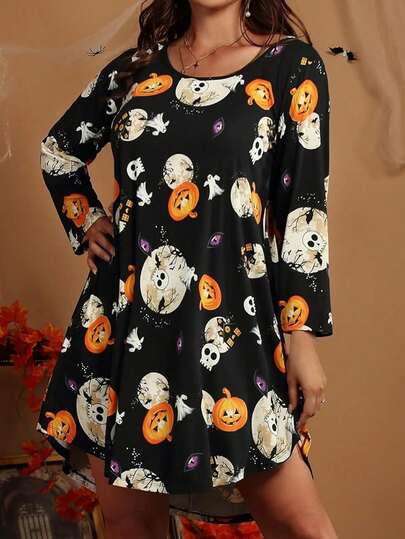 Plus Size Women Halloween Pumpkin Print Round Neck 3/4 Sleeve Dress