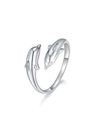 1 pieza Anillo de dedo ajustable de plata esterlina 925 con diseño elegante y lindo de dos delfines abiertos, para uso diario, regalo de joyería para y cumpleaños de mujeres