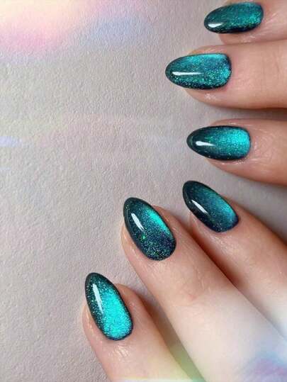 Instantly Upgrade Your Look With, 24pcs Y2K Short Oval Blue Crystal Cat Eye Tip Press On Nails Short, Blue Cat Eye Nails Fit Perfectly Acrylic False Nails Set, Include:1pc Jelly Glue And 1pc Nail File, Blue Cat Eye Nails For Women And Girls Daily Work, Study And Party Use