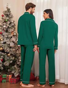 Couple Matching Pajamas 100% Cotton Long Sleeve Sleepwear Button Down Loungewear Pjs Set S-XXLhalloween - Hijau - View 9