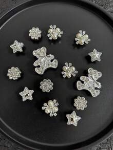 14 piezas Decoraciones desmontables para zapatos, elegantes y de moda con perlas falsas, estrellas y oso de strass plateado, adecuadas para diferentes sandalias, zapatos planos, zapatillas, cordones, gran regalo para fiestas