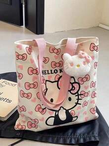 Sanrio Sanrio Sanrio Hello Kitty Canvas Handbag, Cute KT Tote Shoulder Bag, Cartoon Versatile Tote Bag, Large Capacity Commuter Bag, Suitable For Travel, Back To School, Commuting Tote Bag For School