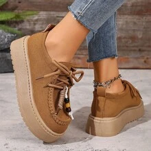 女士复古厚底休闲鞋，2025新款夏季系带增高鞋，休闲一脚蹬运动鞋 - 棕色 - 查看 6