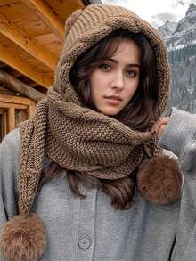 1pc Women's Knitted Beanie Hat With Integrated Scarf And 3 Pom-Pom Accessories, Thick Wool Lining Knitted Hat, Polyester, Non-Stretch, Machine Washable, With Winter Ear Protection