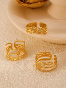 3pcs/Set Stainless Steel Leaf Line Decor Rings, Fashionable & Versatile For Everyday Wear