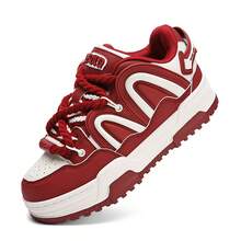 Women's Fashion Colorblock Platform Skateboard Shoes Ladies Casual Lace-Up Comfort Outdoor Sneakers Stylish Non Slip Breathable Walking Shoes - Burgundy - View 2