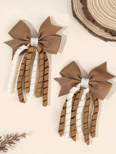 2pcs Brown Korker Hair Bows For Baby Girls Ombre Curly Korker Bow Alligator Clips Delicate Elegant Hair Clips Fall Winter Toddler Girl Bows Barrettes Kids Baby Hair Accessories