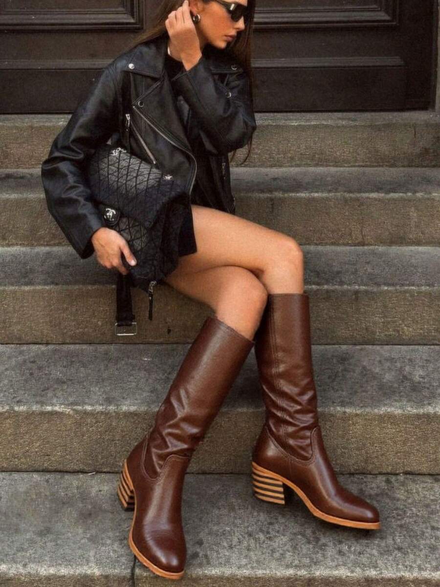 Wide Calf Brown PU Knee High Campus Boots For Women, Square Toe Chunky Block Low Heel Vintage Long Boots For Holiday - 棕色PU - 查看 1