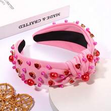 Valentines Day Headband Red Heart Rhinestone Knotted Headband Hot Pink Pearl Wide Top Knot Hairband For Women Valentine Holiday Fashion Head Band Hair Accessories - 粉紅色結髮帶A - 查看 6