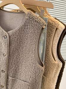 YUXIN 秋冬季女士必备单品！柔软仿羊羔绒无袖开衫背心，配有双口袋，超级保暖，日常百搭。 - 駝色 - 查看 8