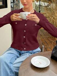 FOR BEAUTY Spring Round Neck Long Sleeve Knit Sweater, New Metal Button Fashionable Commuter Sweet Solid Color Cardigan, Versatile Casual Daily Knitwear - Burgundy - View 3