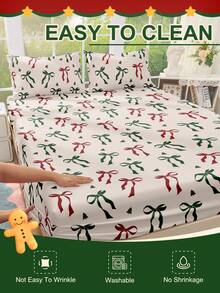 1pc Cartoon Christmas Fitted Sheet, Christmas Bedding, Mattress Protector, Bed Cover, Bed Sheet, Christmas Home Decoration, Cozy Home Textile, Breathable And Anti-Pilling Mattress Protector, Soft And Skin-Friendly, Christmas Bow Pattern Bed Cover, Soft And Comfortable Bedding For Bedroom, Fitted Sheet For Twin, Christmas Decorations, Christmas, Christmas Decorations Home, Christmas Gifts, Christmas Decorations For Home, Pink Christmas Decor