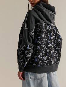 Patchwork Hoodies For Teen Girls Long Sleeve Flower Hibiscus Graphic Print Pullover Sweatshirt Cute Floral Oversized Hoodie - Dark Grey - View 1