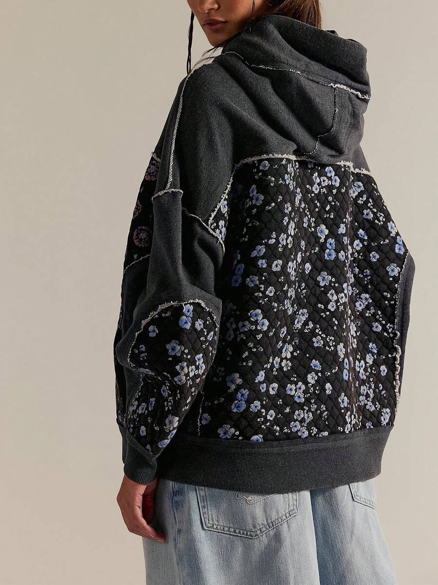 Patchwork Hoodies For Teen Girls Long Sleeve Flower Hibiscus Graphic Print Pullover Sweatshirt Cute Floral Oversized Hoodie - Dark Grey - View 1