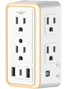 Free wolf Regleta de Alimentación con Tomacorriente 6 Enchufes AC, Extensor de Salida con Luz Nocturna, Multicontacto Pared Clavija con 2USB y 1Tipo-C, para Hogar, Viajes, Oficina - 1 - Ver 2