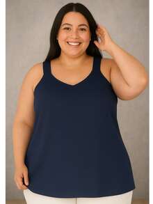 Women's Plus Size Blouse Wide Strap Tank Top Basic Crepe V1 Collar Tank Top Various Colors - 藏蓝色 - 查看 3