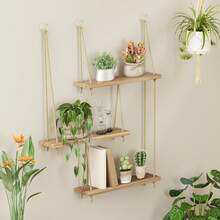 Tomnk Estantes colgantes de 3 niveles para pared, decoración de habitaciones, decoración de pared bohemia, estante flotante para plantas, organizador de madera rústica con cuerda, colgador de almacenamiento para el hogar, dormitorio, cocina y baño. - Multicolor - Ver 5