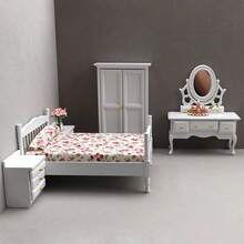 Bộ trang trí phòng ngủ nhà búp bê bằng gỗ tỷ lệ 1:12, bao gồm giường, tủ đầu giường, tủ quần áo cổ điển, bàn trang điểm, đồ nội thất thu nhỏ, đồ trang trí nhà búp bê, quà tặng sinh nhật/Giáng sinh. - Nhiều màu - Xem 11