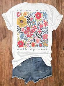 Women's T-shirt in plus size with "floral" double-sided printing, 220g pure cotton white T-shirt, slightly elastic short sleeved, suitable for Halloween party wear and autumn casual wear - Blanco - Ver 2