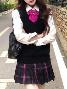 1 件日本女学生制服套装，温柔学姐 JK 服装套装，适合角色扮演、节日、派对、表演，包括衬衫 + 裙子 + 背心 - 彩色 - 查看 5