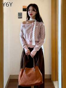 Y6Y Women's Pink Polka Dot Oblique Shoulder Knit Cardigan, 2025 New Early Autumn Vibe, Fitted Slim Flattering Asymmetrical Shoulder Long Sleeve Top - Pink - View 5