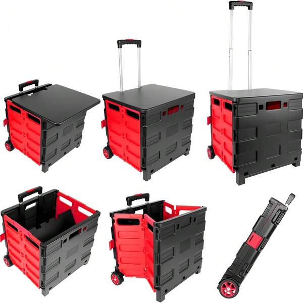 Huini Foldable Shopping Trolley 35L, Heavy Duty Wheeled Crate, Stainless Steel And Plastic, Portable Cart With Telescopic Handle And Lid, Side Locks, Multipurpose Utility Cart For Laundry, Sports, Crafts