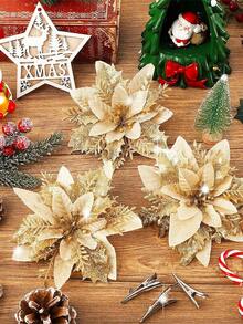 3/5/10/20PCS Glitter Artificial Christmas Flowers, Christmas Tree Decorations, Christmas Tree Wreath Diy Decorations, Including Gold, Red, Silver, Poinsettia Christmas Tree Decorations, Artificial Christmas Flowers, Home Decor, Holiday Party Decorations, Christmas Decorations, Room Decor, Winter Party Atmosphere Decoration.