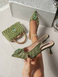 Venus Chan 2025 Elegant Fruit Green Women's Green Heels And Rhinestone Handbag Set - Italian Design For Weddings And Parties - Olive Green - View 6