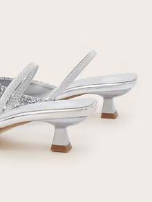 女士亮片细高跟鞋，纯色尖头一脚蹬凉鞋，优雅晚装鞋，适合音乐节 - 銀色 - 查看 6