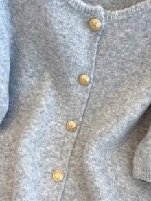 1pc Women's Solid Color Metallic Button Sweater, Casual Round Neck Short Sleeve Cardigan, Versatile Knit Sweater Tops, Autumn/Winter