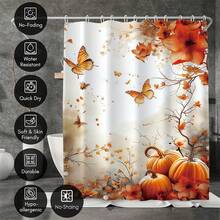 Autumn Maple Leaf Butterfly Pumpkin Thanksgiving Shower Curtain, Thanksgiving Bathroom Decoration, Bathroom Accessories Waterproof Shower Curtain With 12 Hooks