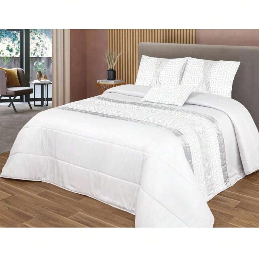 Colcha Edredón de acolchado fino cristal con pedreria y brillo 250*260 cms + 3 cojines a juego con relleno para entretiempo,Colcha decorar tu dormitorio para Cama 135cm/ 150cm - Blanco - Ver 1