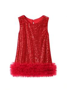 Young Girl Contrast Sequin Mesh Hem Party Dress - Red - View 4