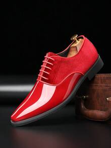 男士蓝色漆皮正装鞋，系带英伦风婚鞋，尖头亮面休闲皮鞋 - 紅色 - 查看 8