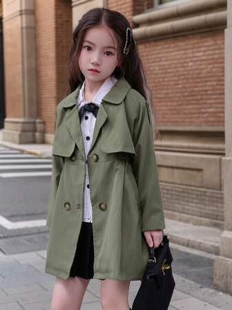 New Girls' British Style Double-Breasted Trench Coat, Girls' Casual Autumn Windbreaker, Children's Spring/Autumn Jacket