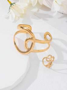 2 件时尚百搭空心几何手链和戒指套装，适合女性日常、派对和休闲穿着 - 鏤空幾何 - 查看 4