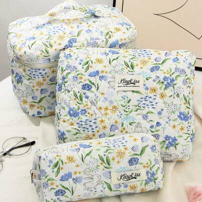 1 st blå blommig kaninmönster bärbar multifunktionell söt quiltad sminkväska, moderiktig avslappnad stor kapacitet dragkedja sminkväska, resepappersförvaringspåse, oumbärlig för semestern
