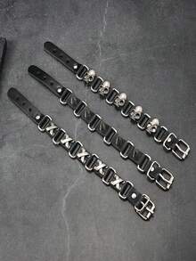 1 pieza Brazalete de cuero de estilo punk personalizado, accesorio de muñequera de cuero con remaches de calavera minimalista y feroz de estilo hip hop - Negro - Ver 3