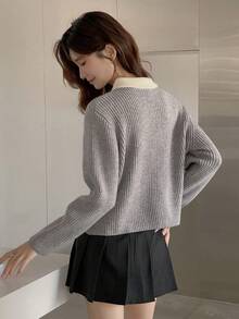Áo cardigan nữ tay dài thêu họa tiết, phối màu tương phản, cổ áo nơ, kiểu dáng sinh viên thu/đông, phong cách đường phố thường ngày. - Xám - Xem 5