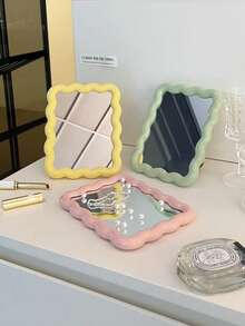 1pc Cute Makeup Mirror, Cream Wavy Design, Tabletop/Wall-Mounted, Suitable For Dorm, Vanity, Office, Makeup, Affordable, Room Decor, Vanity, Travel, Bedroom, Makeup Accessories, Mirror, Vanity Mirror, Mini Mirror, Compact Mirror, Small Mirror, Handheld Mirror, Inexpensive, Christmas Gift, Cosmetics, Makeup Tools, Cheap, Gift, Women's Gift, Christmas Gift - Multicolor - View 9