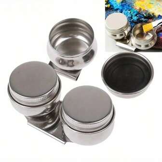 2 piezas Paleta de pintura al óleo de acero inoxidable - Olla de arte con un solo y doble orificio con tapa a prueba de derrames, diseño resistente a la oxidación para artistas, superficie fácil de limpiar y portátil, ollas de pintura para artistas, acabado metálico elegante, superficie metálica lisa, artículos esenciales para el estudio, herramienta de artista moderna, metal de alta calidad, aficionados a la pintura