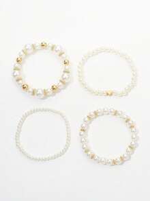 4Pcs Pearl Heart Bracelet Set Dainty Fixed Fit Charm Boho Elegant Jewelry Gift For Women Mom Daughter Valentines Day