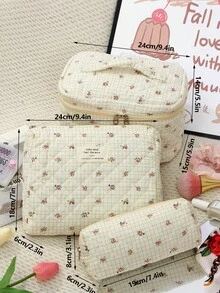 1个格子花卉绗缝旅行收纳包，小巧清新，适合返校季，可用作化妆包。时尚休闲大容量拉链化妆包，旅行文具收纳包，度假必备化妆包，可收纳耳机、充电器、口红、化妆品、香水、护肤品和美容用品，家居装饰，适合妈妈、护士、学生、女孩，可放钥匙，节日礼物。 - 米色 - 查看 9
