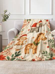1pc Watercolor Cartoon Style Christmas In The Forest Cute Animal Elephant Giraffe Monkey Square Print Plush Blanket, Soft & Warm, Suitable For Living Room, Sofa, Lounge Chair, Bedroom, Travel, Camping, Gift