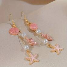 Pair Of Fashionable Summer Ocean Style Pink Conch Shell Pearl Earrings, Suitable For Women's Beach Vacation Decoration And Party Attendance - 白色 - 查看 6